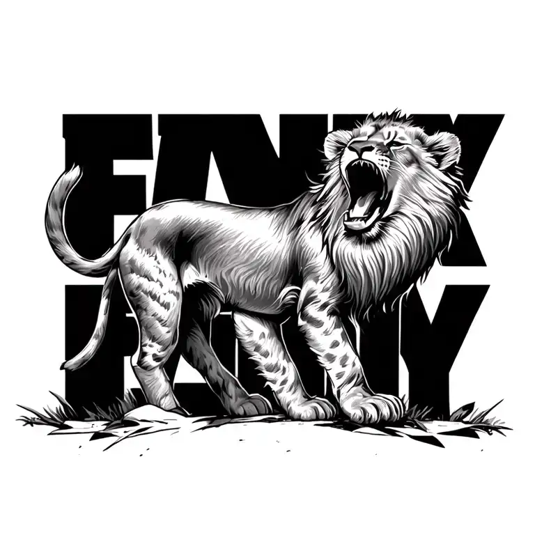 baby lion cub howling with visual effects transforming into the word family tattoo design idea