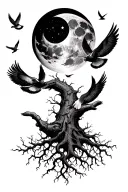 poison tree with a moon, doves flying and roots on hand tattoo design idea