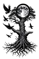 poison tree with a moon, doves flying and roots on hand tattoo design idea