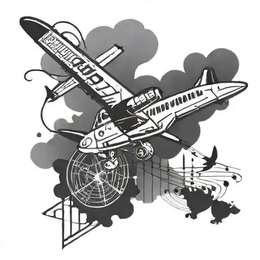 A silhouette of a vintage airplane flying over a city skyline, with musical notes trailing behind it, symbolizing your passion for travel and music tattoo design idea