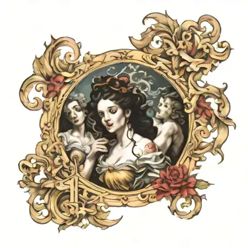 orpheus with lyra and eurydice exiting hades as a baroque painting tattoo design idea