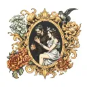 orpheus with lyra and eurydice exiting hades as a baroque painting tattoo design idea