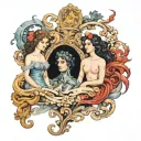 orpheus with lyra and eurydice exiting hades as a baroque painting tattoo design idea