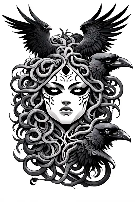 Esher style, with tesselating shapes and maze like, transitioning from Medusa style masks in the white space to ravens tattoo design idea