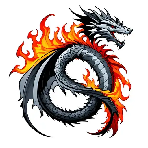 Peaceful dragon in an infinity symbol form with fire on one side and ice on the other tattoo design idea
