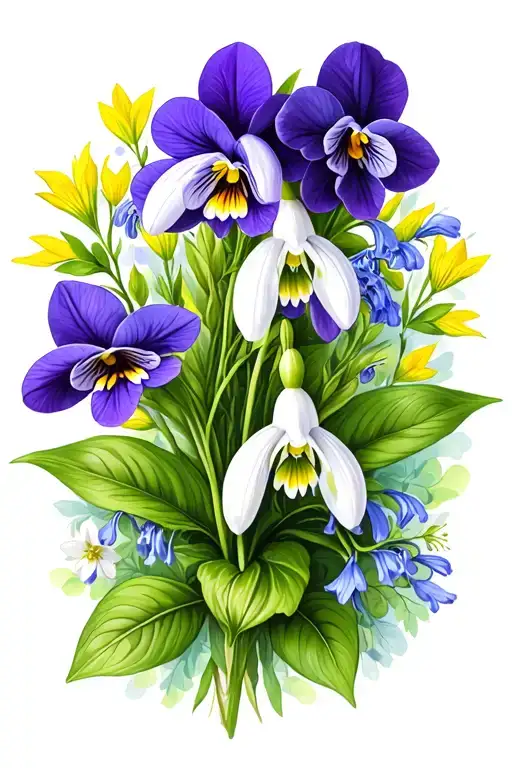 snowdrop flowers, African violets, jonquils, larkspurs, hummingbird tattoo design idea