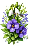 snowdrop flowers, African violets, jonquils, larkspurs, hummingbird tattoo design idea