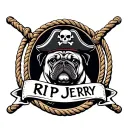 a pug with a pirate hat with a skull and crossbones with a oval shaped rope frame with a  banner saying RIP JERRY tattoo design idea