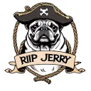a pug with a pirate hat with a skull and crossbones with a oval shaped rope frame with a  banner saying RIP JERRY tattoo design idea