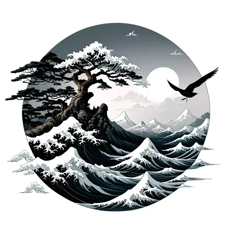 Japanese mountain tidal wave tree birds tattoo design idea