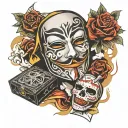 vendetta mask and cigarette box tattoo design idea