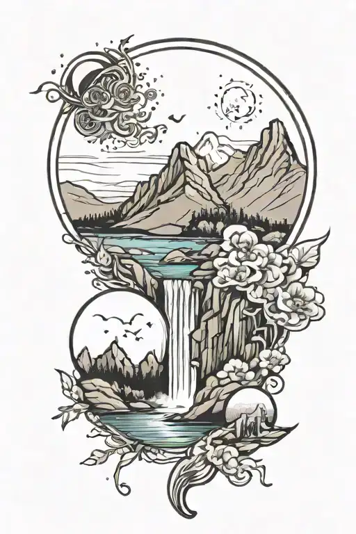 mountains and a river with a waterfall a moon phases tattoo design idea