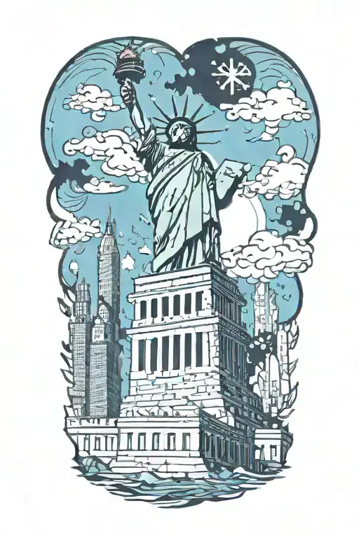 nyc skyline with statue of liberty face puzzle piece tattoo design idea