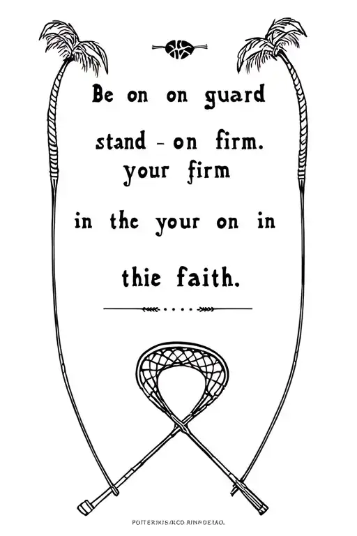 Create a tattoo that incorporates palm trees, lacrosse, and this Bible passage Be on your guard; stand firm in the faith tattoo design idea