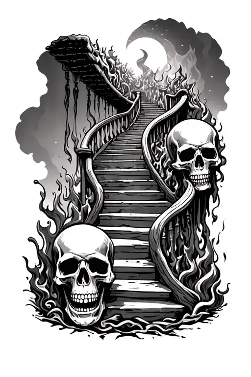 Black and white tattoo stencil of the stairway to heaven with skulls and the firery depths of hell at the base up at the tattoo design idea