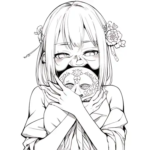 anime girl holds a japanese mask in her hand, covers her chest with her hand, eyes and mouth half open tattoo design idea