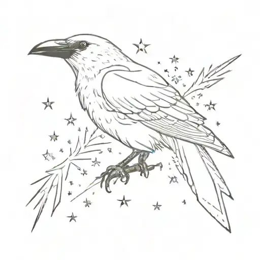 Minimalistic sketch of a white crow, around black spikes and eyes, stars tattoo design idea