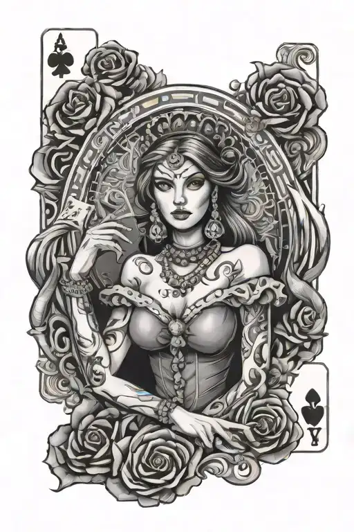 gambling, playing cards, poker, roulette, money, woman tattoo design idea