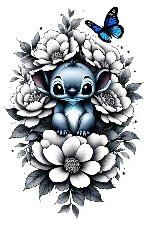 little stitch and peonies and butterfly resting tattoo design idea