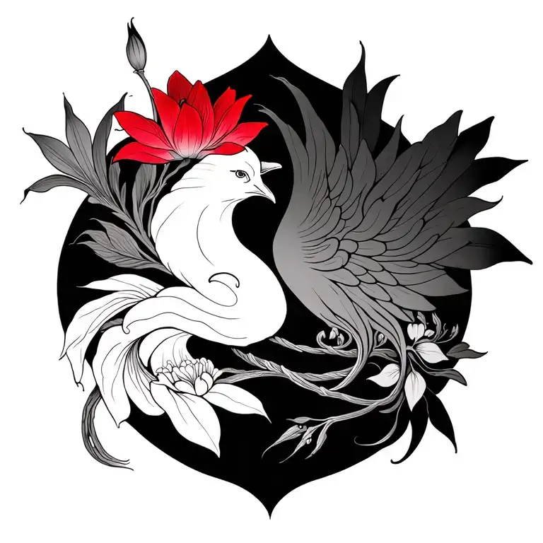 multiple fine line lotus and red Lilly flowers and phoenix intertwined  tattoo design idea