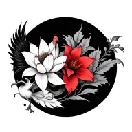 multiple fine line lotus and red Lilly flowers and phoenix intertwined  tattoo design idea