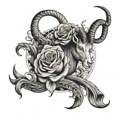 capricorn seat goat with roses intertwined within the sea tail  tattoo design idea