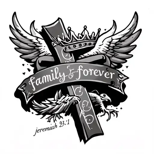 cross tattoo with jeremiah 29:11 verse intertwined with McCoy written, thorn crown, eagle wings, and family forever tattoo design idea