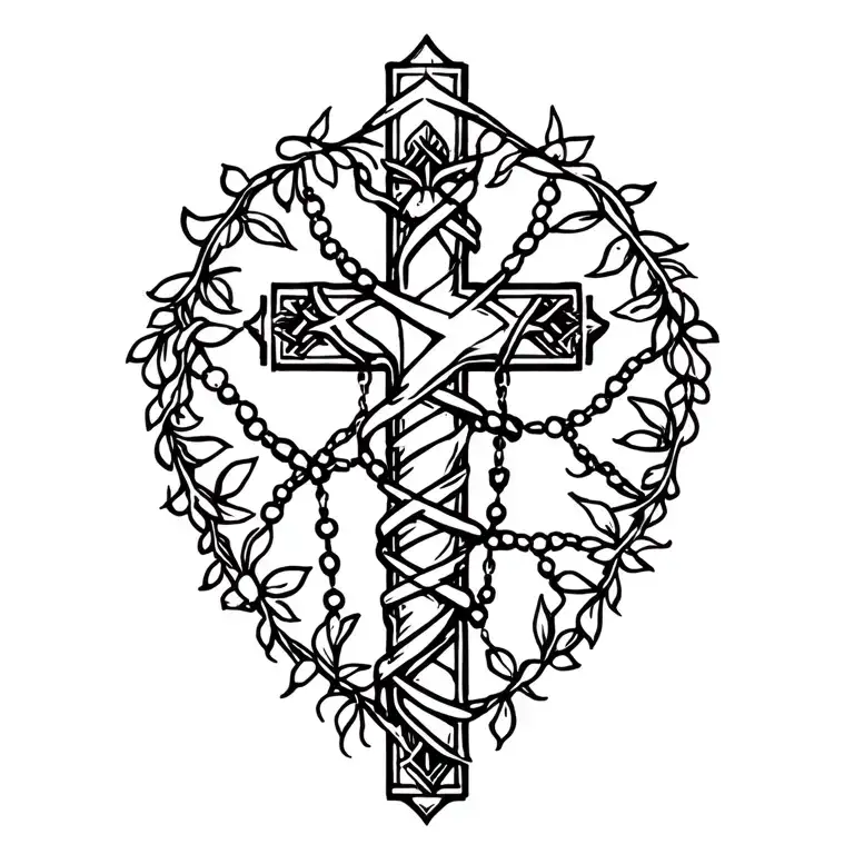 cross with rosary wrapped tattoo design idea