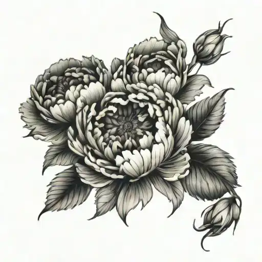 A tattoo of a black and gray full bloom peony with a few additional smaller peonies and a single rose  tattoo design idea