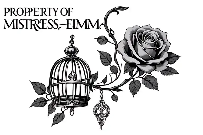 "PROPERTY_OF MISTRESS_EMMA" chastity cage rose intertwined tattoo design idea