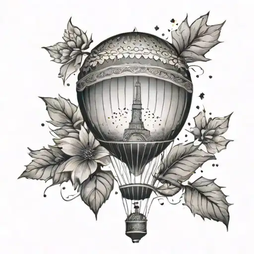 dotted tattoo with the Geneva water jet and above a hot air balloon which has an edelweiss in the balloon. tattoo design idea