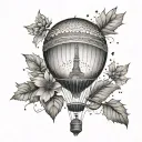dotted tattoo with the Geneva water jet and above a hot air balloon which has an edelweiss in the balloon. tattoo design idea