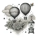 dotted tattoo with the Geneva water jet and above a hot air balloon which has an edelweiss in the balloon. tattoo design idea