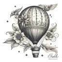 dotted tattoo with the Geneva water jet and above a hot air balloon which has an edelweiss in the balloon. tattoo design idea