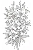 daisies and daffodils bouquet with sprinkling of cherry blossoms, snow drops, violets, filler, stems tattoo design idea