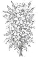 daisies and daffodils bouquet with sprinkling of cherry blossoms, snow drops, violets, filler, stems tattoo design idea