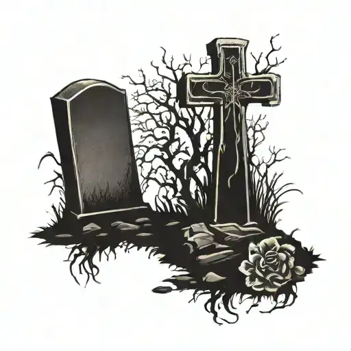 cross and gravestone engraved with name dad walking tattoo design idea