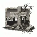 cross and gravestone engraved with name dad walking tattoo design idea