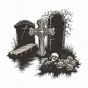 cross and gravestone engraved with name dad walking tattoo design idea