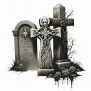 cross and gravestone engraved with name dad walking tattoo design idea