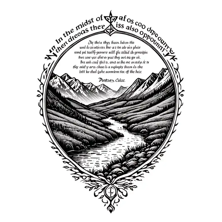 runes decorating text ""In the midst of chaos, there is also opportunity." on a field in the mountains with a stream  tattoo design idea