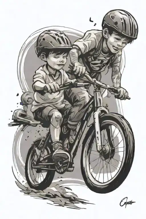 A boy learning to ride a bike from his older brother. tattoo design idea