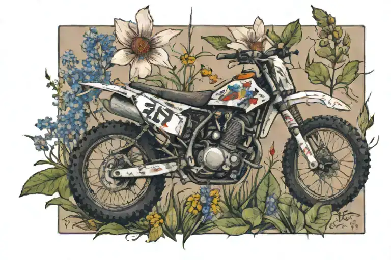Dirtbike with wildflowers with the name, Kali on it tattoo design idea