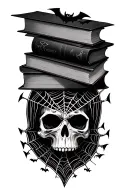 stack of books with bats skull and spider web tattoo design idea