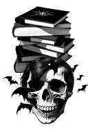 stack of books with bats skull and spider web tattoo design idea
