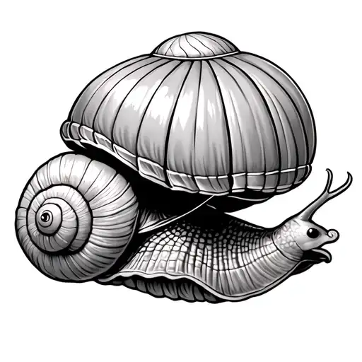 snail using his detached shell as a parachute hanging, more cartoony tattoo design idea