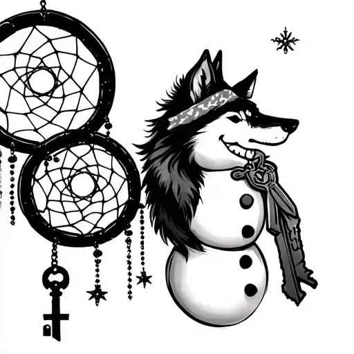 dream catcher shaped as snowman, with wolf and moon stars, protection of children lock and key tattoo design idea