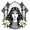 Celtic Goddess, Rhiannon. surrounded by gates and daffodils tattoo design idea