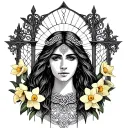 Celtic Goddess, Rhiannon. surrounded by gates and daffodils tattoo design idea