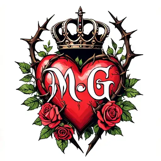 "M G" heart intertwined with roses and thorns with a crown and Gothic letters tattoo design idea